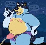  2023 anthro australian_cattle_dog bandit_heeler belly big_belly big_moobs big_nipples big_penis bluey_(series) bodily_fluids bulge campfire_donut canid canine canis cattledog claws clothed clothing dialogue domestic_dog english_text eyebrows flaccid foreskin fur genital_fluids genitals hand_on_hip herding_dog hi_res humanoid_genitalia humanoid_penis looking_at_viewer male mammal moobs narrowed_eyes navel night nipples open_mouth open_smile outside overweight overweight_anthro overweight_male partially_clothed pastoral_dog pawpads peeing penis sky smile solo sound_effects standing star starry_sky talking_to_viewer teeth text thick_penis thick_thighs tongue topless topless_anthro topless_male tuft underwear underwear_down urine vowelless vowelless_sound_effect 