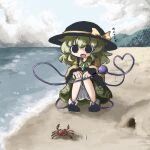  1girl bangs beach black_eyes black_footwear black_headwear blouse boots bow buttons cloud cloudy_sky crab diamond_button eyeball floral_print frilled_shirt_collar frilled_sleeves frills full_body green_hair green_skirt hat hat_bow hat_ribbon heart heart_of_string heripantomorrow knees_together_feet_apart komeiji_koishi long_sleeves medium_hair ocean open_mouth outdoors ribbon rose_print sand_castle sand_sculpture shirt sidelocks skirt sky solo squatting third_eye touhou wavy_hair wide_sleeves yellow_bow yellow_ribbon yellow_shirt 