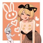  2girls @_@ alternate_costume animal_ears bangs black_bow black_leotard black_survival blonde_hair blue_eyes blush bow bowtie breasts brown_pantyhose cleavage closed_eyes closed_mouth commentary_request covered_navel cowboy_shot crossover detached_collar extra_eyes eyepatch fake_animal_ears hair_bow hair_bun hair_over_one_eye heart highres kurodani_yamame large_breasts leotard medium_breasts medium_hair multiple_girls open_mouth orange_background pantyhose playboy_bunny rabbit_ears red_bow red_bowtie rinyamame scar scar_on_chest scar_on_leg short_hair sissela_(black_survival) smile strapless strapless_leotard striped striped_pantyhose sweat touhou white_background white_hair 