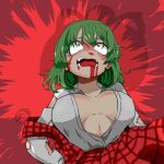  1girl bangs blood blood_from_mouth breasts collared_shirt commentary_request constricted_pupils cuts green_hair hair_between_eyes injury kazami_yuuka large_breasts long_sleeves looking_afar open_clothes open_mouth open_shirt plaid plaid_skirt plaid_vest red_background red_eyes red_skirt red_vest rinyamame scared shirt short_hair skirt solo tearing_up torn_clothes torn_shirt touhou upper_body vest white_shirt 