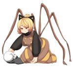  1girl arthropod_limbs bangs black_bow black_shirt blonde_hair blush bow breasts brown_dress brown_eyes closed_mouth collared_shirt commentary_request dress extra_legs full_body hair_bow hair_bun highres kurodani_yamame large_breasts long_dress long_sleeves looking_down medium_hair pinafore_dress ribbon rinyamame shirt simple_background skull smile solo touhou white_background yellow_ribbon 