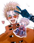  absurdres bag biting blonde_hair coat doughnut earrings food green_eyes heart highres ishinome_ksk jewelry mole mole_under_eye open_mouth paper_bag red_coat salute simple_background single_earring sunglasses trigun v vash_the_stampede white_background 