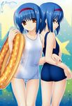  blue_hair cameltoe dual_persona hairband innertube little_busters! multiple_girls na-ga nishizono_midori nishizono_mio one-piece_swimsuit orange_eyes school_swimsuit short_hair swimsuit white_school_swimsuit white_swimsuit 