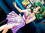  90s :d bangs bare_shoulders beamed_eighth_notes bench breasts curly_hair dress dutch_angle eighth_note floral_print game_cg green_hair holding inaba_yoshiki indoors karaoke kimi_ni_steady kiyose_emi large_breasts looking_at_viewer microphone music musical_note number open_mouth outstretched_arm parted_bangs pink_eyes pleated_dress short_dress short_hair sign singing sixteenth_note sleeveless sleeveless_dress smile solo staff_(music) standing sundress 