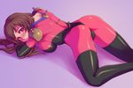  ass bodysuit brown_hair chiaki_(tom910) commentary_request cosplay g_gundam gundam highres long_hair maria_owens mobile_trace_suit pink_bodysuit purple_eyes rain_mikamura rain_mikamura_(cosplay) sd_gundam sd_gundam_g-generation skin_tight solo thighhighs 