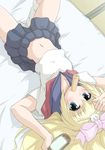  artist_request bed blonde_hair blue_eyes blush bow food handheld_game_console long_hair lying midriff mouth_hold navel playstation_portable ribbon school_uniform seitokai_no_ichizon serafuku shiina_mafuyu solo very_long_hair 