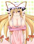  abyss713 apron blonde_hair bow breast_hold breasts cleavage covered_nipples crossed_arms elbow_gloves gloves hat huge_breasts leaning_forward long_hair naked_apron one_eye_closed purple_eyes purple_gloves sideboob smile solo thighs touhou yakumo_yukari 
