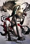  animal_ears black_nails blade blonde_hair claws copyright_request eat0123 fishnets lips mask nail_polish ninja ponytail realistic shadow solo weapon wolf 