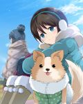  2girls blue_eyes blue_hair blurry blurry_background brown_hair chihuahua chikuwa_(yurucamp) dog earmuffs fur_trim gloves hair_bun highres jacket kasai_shin looking_at_viewer multiple_girls outdoors saitou_ena scarf shawl shima_rin short_hair sky tongue tongue_out winter_clothes yurucamp 