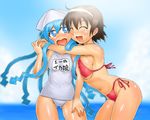  :d ^_^ between_breasts bikini blue_eyes blue_hair blush breast_press breasts brown_hair closed_eyes cloud covered_navel day drooling hairband hat hug ikamusume large_breasts long_hair multiple_girls nagatsuki_sanae navel one-piece_swimsuit onsoku_maru open_mouth red_bikini saliva school_swimsuit shinryaku!_ikamusume short_hair sky smile swimsuit white_school_swimsuit white_swimsuit 