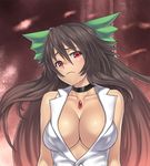  alternate_costume blush breasts brown_hair choker cleavage collarbone contemporary covered_nipples houtengeki large_breasts long_hair looking_at_viewer no_bra red_eyes reiuji_utsuho solo touhou upper_body 