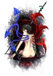  ass back black_hair houjuu_nue looking_back nude oso_(toolate) polearm red_eyes short_hair sitting snake solo thighhighs touhou trident weapon wings 