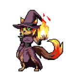  2018 animal_humanoid animated anthro big_hat black_sclera breasts canid canine canis caradhina clothed clothing digital_media_(artwork) female fire fur green_eyes hair hi_res humanoid long_hair magic_user mammal simple_background solo witch 
