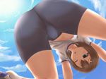  ass bad_id bad_pixiv_id baka_to_test_to_shoukanjuu bike_shorts brown_hair bulge from_below green_eyes gym_uniform kinoshita_hideyoshi male_focus otoko_no_ko shimoku solo wince 