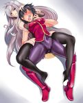  2girls bishoujo_wrestler_retsuden black_hair black_thighhighs blush bodysuit boots choke choke_hold choking detached_sleeves freia_kagami hand_on_head kupala_(artist) long_hair open_mouth peeing peeing_pants red_eyes rolleyes saliva short_hair smile straddle thigh_boots thighhighs tongue urine very_long_hair wetting white_hair wrestle_angels wrestling wristband yamada_haruka 