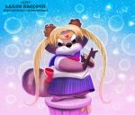  anthro banana_peel black_eyes black_fur blonde_hair bow brown_fur bubble clothing cryptid-creations female fur hair luna_(sailor_moon) mammal procyonid raccoon sailor_moon_(series) sailor_outfit skirt solo star trash)can whiskers white_fur 