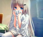  blue_eyes fang little_busters little_busters! long_hair lowres noumi_kudryavka plaid skirt tartan thighhighs white_hair 
