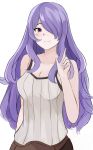  1girl breasts camilla_(fire_emblem_if) camisole cleavage closed_mouth cosplay female_my_unit_(fire_emblem:_kakusei) female_my_unit_(fire_emblem:_kakusei)_(cosplay) fire_emblem fire_emblem:_kakusei fire_emblem_if hair_over_one_eye highres kgctcg long_hair my_unit_(fire_emblem:_kakusei) nintendo purple_eyes purple_hair simple_background smile solo white_background 