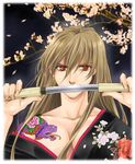  breasts cherry_blossoms cleavage collarbone covered_mouth floral_print flower fujino_shizuru hair_between_eyes japanese_clothes kimono knife large_breasts long_hair mico3 my-hime off_shoulder petals red_eyes serious sheath snake solo tattoo tree unsheathing upper_body wind 