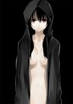  black_hair breasts hood long_hair medium_breasts no_bra open_clothes open_shirt original out-of-frame_censoring pino_(birthdayparty) red_eyes shirt solo 