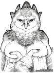  2019 anthro avian bird black_and_white breasts claws clothed clothing eagle feathers female harpy_eagle monochrome non-mammal_breasts o-kemono solo 