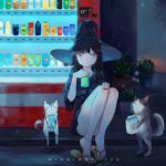  1girl black_hair can cat chinese_commentary commentary_request english_text hat highres holding lavender_eyes long_hair nail_polish original plant potted_plant sandals shrimp_cc sitting toenail_polish vending_machine witch_hat 