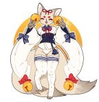  2018 4_toes 5_fingers anthro barefoot bell canid canine clothed clothing double_v_sign ear_piercing eye_markings eyes_closed female fluffy fluffy_tail fox front_view full-length_portrait fur hi_res japanese_clothing jellyenvy kimono legwear mammal markings mehajiki miki_(jealousjelly) multi_tail open_mouth panties paws piercing portrait ribbons signature simple_background smile solo stockings toes underwear v_sign white_background white_fur 