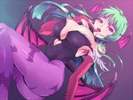  animal_print ass bat bat_print bat_wings breasts bridal_gauntlets cleavage demon_girl fang green_hair head_wings heart huge_breasts jpeg_artifacts kasai_shin long_hair morrigan_aensland pantyhose pink_eyes print_legwear solo succubus tongue vampire_(game) wings 