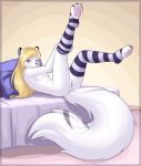  2019 absurd_res anthro arctic_fox bedroom_eyes blonde_hair blush breasts canid canine claws clothing digital_media_(artwork) female fox fur hair half-closed_eyes hi_res legwear looking_at_viewer lying mammal nipples nude on_back pawpads paws pussy seductive sidni sidnithefox smaller_version_at_source smile solo stockings toes tongue white_fur 