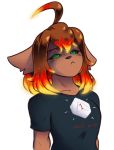  2018 ahoge animal_humanoid anthro black_sclera breasts canid canine canis caradhina clothed clothing digital_media_(artwork) dorian-bc embers female fire frown fur hair hi_res humanoid looking_at_viewer mammal simple_background small_breasts solo text wolf 