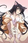  animal_ears bakemonogatari bare_shoulders bdsm black_hair bondage bound bow bow_panties bra breast_squeeze breasts cat_ears glasses hanekawa_tsubasa isse large_breasts lingerie long_hair monogatari_(series) nekomonogatari panties purple_eyes ribbon ribbon_bondage solo underwear white_bra white_panties 