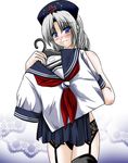  alternate_costume black_panties blue_eyes blush clothes_hanger clothes_in_front garter_belt hat myomoto_lv48 nurse_cap panties school_uniform serafuku silver_hair solo thighhighs touhou underwear yagokoro_eirin 