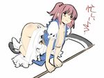  all_fours ass blush_stickers breasts cleavage fundoshi hair_bobbles hair_ornament hanging_breasts huge_breasts japanese_clothes meranie onozuka_komachi pink_hair scythe short_hair sketch solo touhou translated two_side_up 