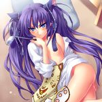  ass blue_eyes blush flat_chest little_busters! long_hair no_bra open_clothes open_shirt purple_hair sasasegawa_sasami shirt sleeves_rolled_up solo twintails zen 