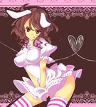  :p animal_ears bad_id bad_pixiv_id breasts brown_hair bunny_ears bunny_tail heart impossible_clothes impossible_shirt inaba_tewi jinniku_kakarichou large_breasts miniskirt older pink_skirt red_eyes shirt short_hair skirt solo tail thighhighs tongue tongue_out touhou 