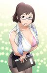  bra breasts brown_eyes brown_hair cleavage downblouse glasses holon large_breasts lingerie pantyhose pencil_skirt pointer real_drive skirt sleeves_rolled_up smile solo teacher ueyama_michirou underwear 