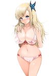  angry blonde_hair blue_eyes blush boku_wa_tomodachi_ga_sukunai bow bra breasts bug butterfly cleavage curvy holding_arm insect kano_(kanograph) kashiwazaki_sena large_breasts lingerie long_hair navel panties solo tears underwear underwear_only 