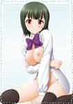  blush bow breast_hold breasts idolmaster idolmaster_(classic) large_breasts mole mole_under_mouth nipples no_panties open_clothes open_shirt otonashi_kotori red_eyes shirt sin-go solo thighhighs 