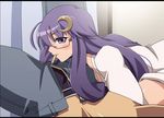  bespectacled crescent crescent_hair_ornament glasses hair_ornament long_hair mouth_hold mouth_pull patchouli_knowledge purple_eyes purple_hair shin'ya_(nanp) solo touhou undressing zipper 