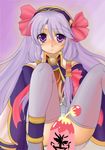  atelier_(series) blush censored hairband hal_(harun) long_hair mana_khemia mana_khemia_(series) muppy_oktavia_vonderchek_viii pamela_ibiss purple_eyes purple_hair sitting solo thighhighs very_long_hair 