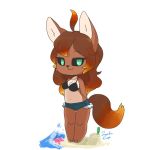  2018 animal_humanoid anthro beach black_sclera bra breasts canid canine canis caradhina clothed clothing digital_media_(artwork) embers female fire fur green_eyes hair hands_behind_back hi_res humanoid looking_at_viewer mammal marine sand sand_castle sculpture seaside shorts smile starfish underwear water 