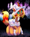  2018 animal_humanoid anthro big_hat breasts canid canine canis caradhina chibi clothed clothing digital_media_(artwork) dress female fire food fruit fur gloves glowing glowing_eyes green_eyes hair hat hi_res humanoid leg_warmers legwear looking_at_viewer magic_user mammal pumpkin small_breasts smile solo todesmarsch tongue tongue_out white_clothing witch witch_hat wolf 