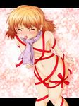  :p blonde_hair blush closed_eyes flat_chest haruyonoto mizuhashi_parsee naked_ribbon naked_scarf navel nude pointy_ears ribbon scarf solo thigh_gap tongue tongue_out touhou 