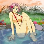  1girl barefoot breasts feet flower green_eyes haruno_sakura nail_polish naruto pink_hair sling_bikini solo swimsuit tifa-bells water 