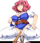 blush breasts cleavage covered_nipples curvy garter_straps hair_bobbles hair_ornament highres large_breasts onozuka_komachi panties pink_eyes pink_hair poking red_eyes red_hair short_hair skirt skirt_lift solo spread_legs squatting thick_thighs thighhighs thighs touhou two_side_up umakatsuhai underwear white_legwear white_panties 