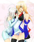  ahoge bad_id bad_pixiv_id blazblue blonde_hair breast_sucking breast_sucking_through_clothes detached_sleeves eyepatch green_eyes kazuomi_(tukima) long_hair multiple_girls necktie noel_vermillion nu-13 panties red_eyes silver_hair thighhighs underwear 