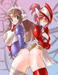  ass ass-to-ass billbine breast_envy breast_hold breasts brown_hair darui_hito flat_chest futaba_channel green_eyes gundam huge_breasts long_hair maid_headdress mecha_musume multiple_girls nijiura_maids no_panties orange_eyes pink_hair seisenshi_dunbine short_hair thighhighs v_gundam victory_gundam 