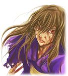  blood blood_on_face bloody_clothes brown_hair fujino_shizuru hair_between_eyes japanese_clothes kimono lips lowres mico3 my-hime parted_lips red_eyes solo torn_clothes white_background yukata 