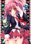  armband blush brown_eyes cross_hair_ornament egg hair_ornament hinamori_amu long_hair moekibara_fumitake necktie panties panty_pull pink_hair plaid plaid_skirt ponytail school_uniform seiyo_academy_uniform shugo_chara! side_ponytail skirt solo underwear 