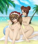  2girls alicia_melchiott barefoot beach breasts brigitte_stark brown_hair feet hopeless-breakdown lotion multiple_girls nipples nude outdoors outside red_hair senjou_no_valkyria senjou_no_valkyria_1 soles sunscreen suntan_lotion zenra 